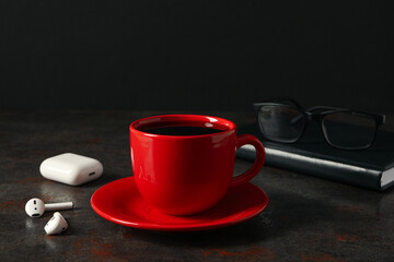 Concept of freelance, composition with hot drink and headphones