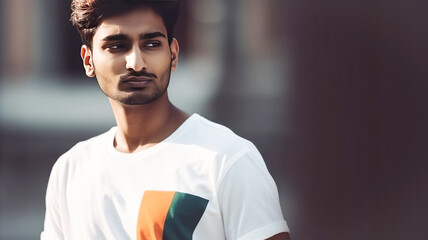 Fototapeta na wymiar A young Hindu male wearing T-shirt with Indian Independence Day symbols. Concept national Indian holiday Generative AI
