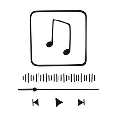 Music player interface in doodle style with buttoms, loading bar, sound wave sign and frame for album photo. Hand drawn audio player template. Vector graphic illustration. © vikusha_art