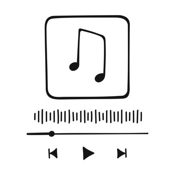 Music player interface in doodle style with buttoms, loading bar, sound wave sign and frame for album photo. Hand drawn audio player template. Vector graphic illustration.