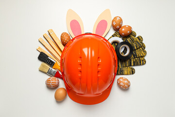 Concept of different work accessories, engineering supplies and tools