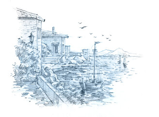 sketch of the city and seascape pencil drawing for card decoration illustration