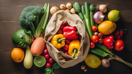 Shopping bag with fresh vegetables and fruits Generative AI