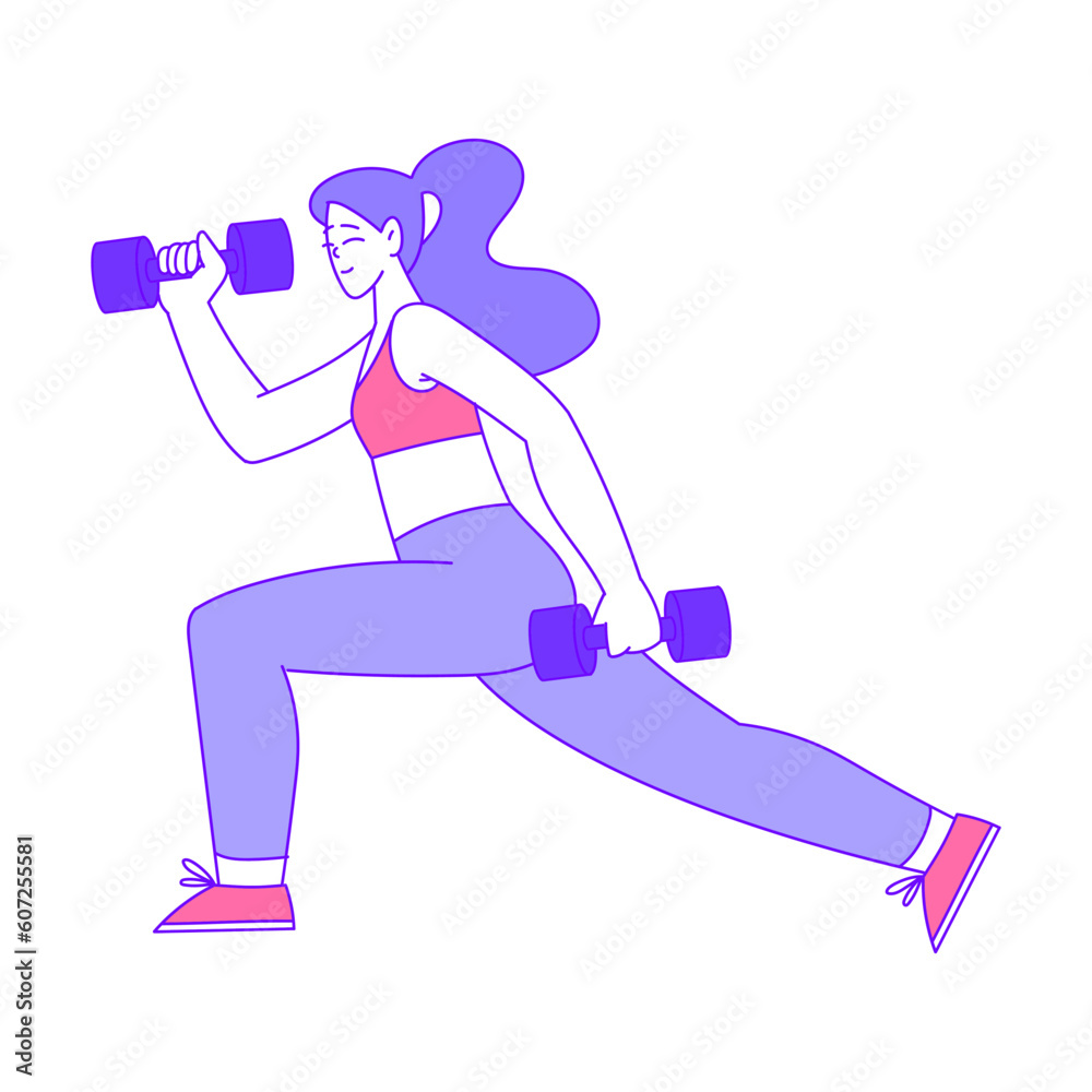 Sticker young female with dumbbell body training and sport workout vector illustration