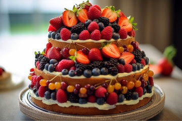 Naklejka na ściany i meble Homemade kids birthday cake with lots of fruits on top, cherries, strawberries, raspberries, indoors Generative AI