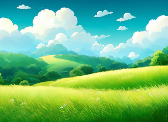 Obraz na płótnie Canvas green field and blue sky with clouds