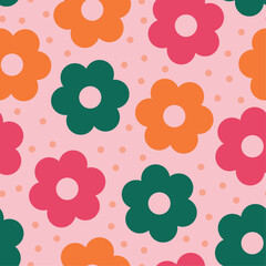 Cute pink floral pattern for girls. Fun, bright retro flowers in a simple, minimal, Scandinavian style. Seamless repeat print for backgrounds and wallpapers.