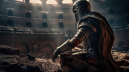 Gladiator In A Helmet Kneels After The Battle In The Arena Of The Colosseum - Generative AI
