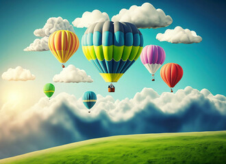 Fototapeta premium Colorful hot air balloons flying over mountain 