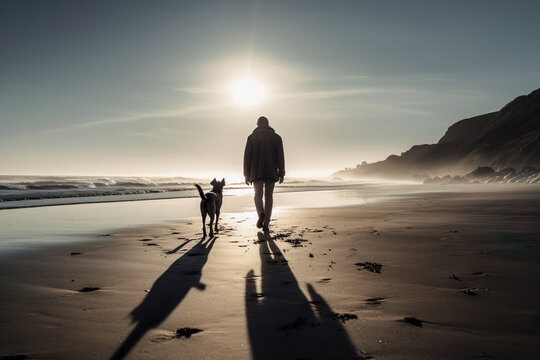 Man Walking With His Dog And Enjoying A Peaceful Beach Stroll At A Sunny Day By Blue Sky - Generative AI