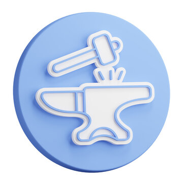 3D button rendering of hammer hits the anvil. Blacksmith craft, production of metal products. Realistic blue white PNG illustration isolated on transparent background