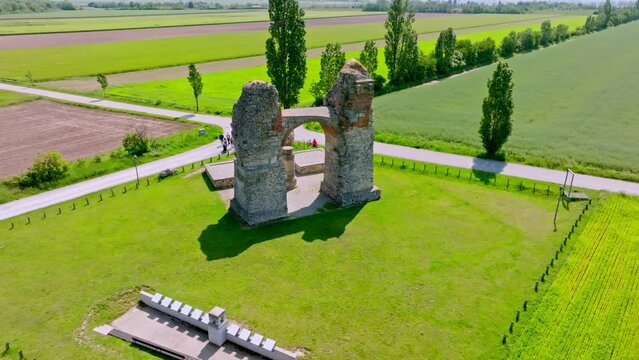 Aerial View Of The Heidentor (Heathens' Gate or Pagans' Gate) In Carnuntum, Austria - drone shot