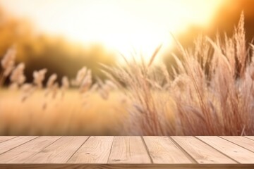 Light wooden table top with beige dry grass. Products presentation concept