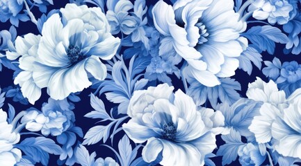 The blue and white floral pattern in a delicate shading style blends with the background painting.