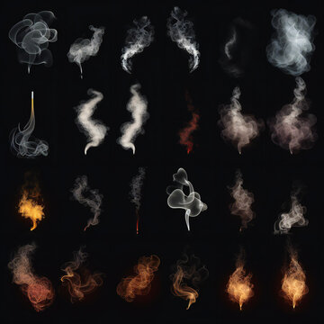 mega bundle set of realistic smokes and fire in black background. Created with generative AI technology. © s1llu