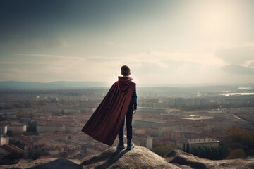 Super Hero Kid Looking over City