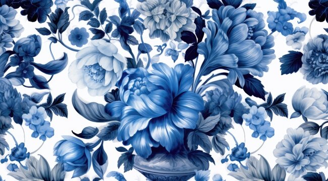 The blue and white floral pattern in a delicate shading style blends with the background painting. © EnelEva