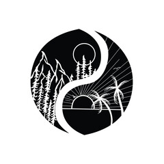 Silhouette Line Art Landscape of Mountains, Trees, Sun and River in Circular Badge – Minimalist Vector Illustration