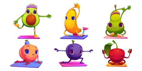 Cartoon set of kawaii fruit exercising isolated on white background. Vector illustration of avocado, banana, pear, plum, cherry and peach characters doing yoga workout on mat. Healthy lifestyle