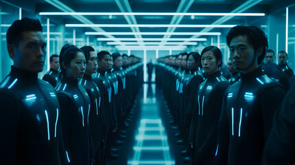 futuristic server room filled with rows of sleek, black server racks, a diverse group of Asian individuals, generative AI, AI