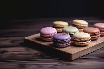 Obraz na płótnie Canvas A selection of colorful macarons is displayed on a rustic wooden board. (Generative AI)