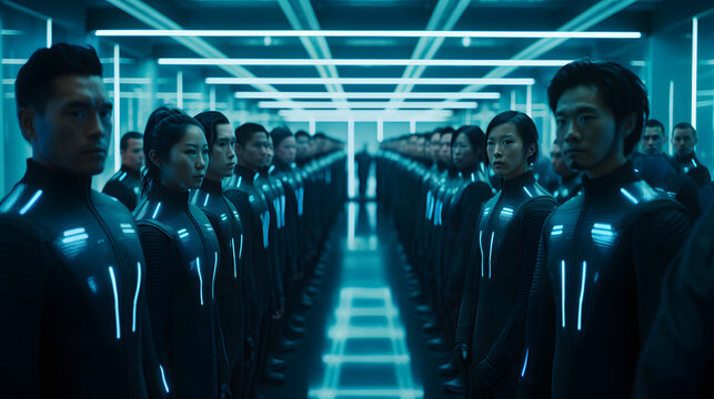 futuristic server room filled with rows of sleek, black server racks, a diverse group of Asian individuals, generative AI, AI