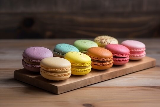 A selection of colorful macarons, arranged in a delicate, intricate pattern on a rustic wooden board. (Generative AI)