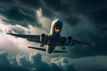 Airplane approach at the airport landing in bad weather storm hurricane rain fall stripes llightning strike. Generative AI - obrazy, fototapety, plakaty