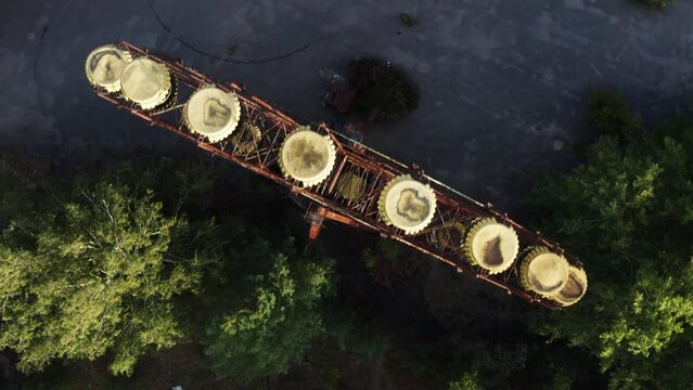Top-down view aerial above iconic ferris wheel of Pripyat city, still abandoned since April 26 1986 nuclear meltdown