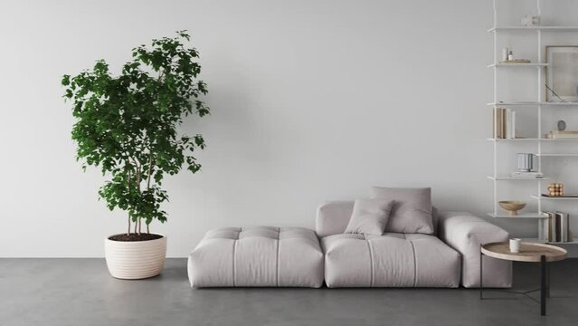 3d animation rendering interior. Modern living room with white sofa, decorative pillows, green tree in a pot, concrete floor.Empty white wall for art exhibition, mockup frame for GIF animation