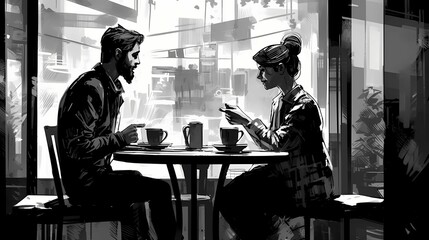 Fototapeta na wymiar Two Friends Meeting In Coffee Shop. Generative AI