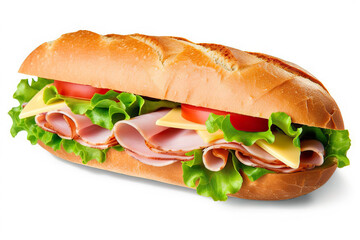 Delectable Ham and Cheese Salad Submarine Sandwich on Freshly Cut Baguette: A Tasty Delight. created with Generative AI