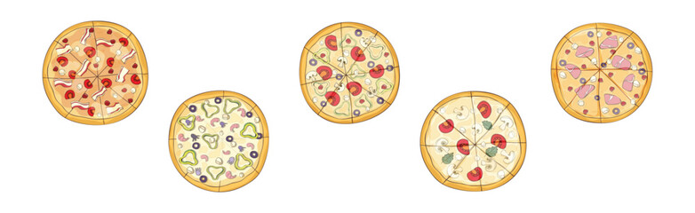 Traditional Italian Pizza of Round Shape Above View Vector Set