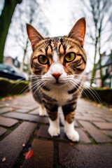 Cat on the Street. Tabby Cat Walking in Town. Autumn Street and a Feline. Generative AI. 