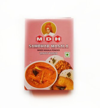 Guwahati, Assam, India - January 28, 2023 - MDH Sambhar Masala Mixed powder pack in isolated background.