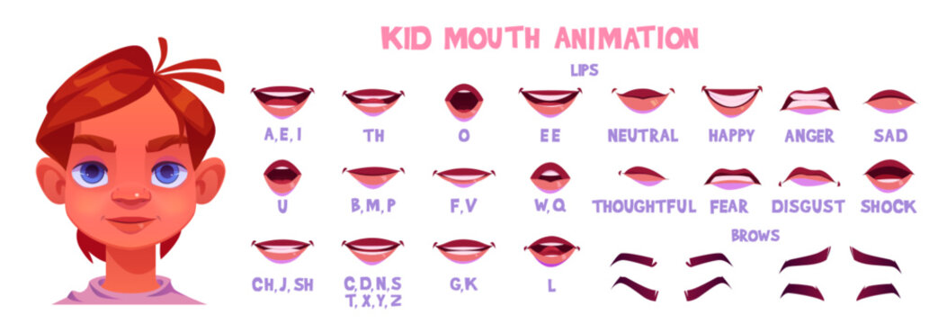 Boy kid character mouth animation cartoon vector. Sync talk english letter pronunciation construction template set with happy and sad emotion expression. Alphabet sound pack for speech generator
