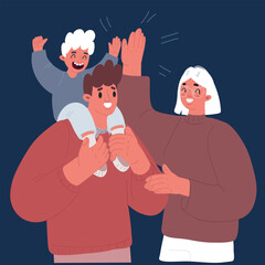 Cartoon vector illustration of Happy parents mom and dad standing together with kids girl and boy. Little daughter sitting on father shoulders waving hands holding pinwheel. Loving family.