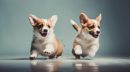 Few cute excited corgi puppies on a minimalistic background. Generative AI