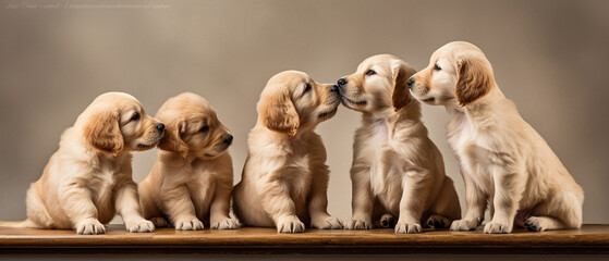 Golden retriever puppies rest on a minimalistic background. Generative AI