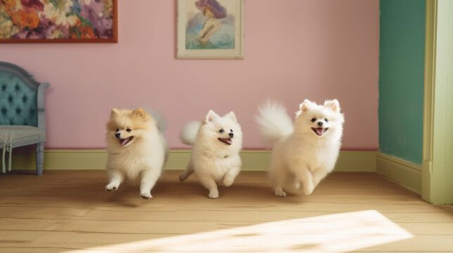 Happy Pomeranian Spitz puppies. Generative AI