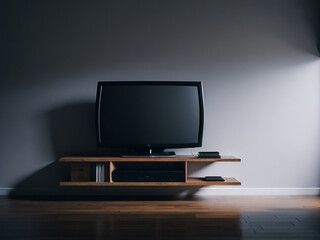 TV on a shelf in the room. 3d rendering mock up. AI generated.