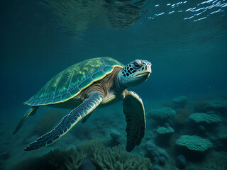 Green sea turtle swimming in the deep blue sea, underwater photo. AI generated.