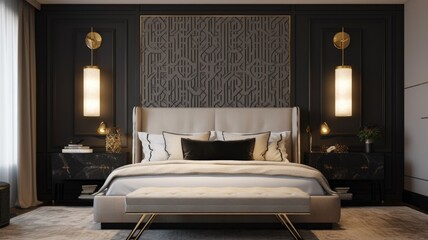 Interior design of Bedroom in Art Deco style with Tufted Headboard decorated with Velvet, Gold, Marble, Crystal material. Geometric shapes architecture. Generative AI AIG24.