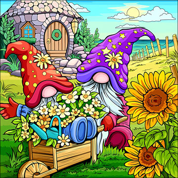 Illustration of two gnomes in a summer garden 