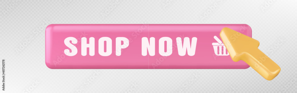 Poster 3d click on shop now button in online shop. web banner for buy and cursor icon. arrow cursor and but