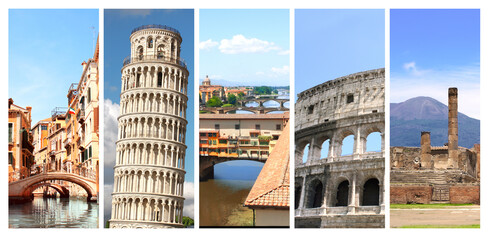 Obraz premium Set of vertical banner with landmark of Italy. Travel, vacation and tourism concept. Ruins of Pompeii, Leaning Tower of Pisa, Canal of Venice, Coliseum in Rome, Ponte Vecchio in Florence