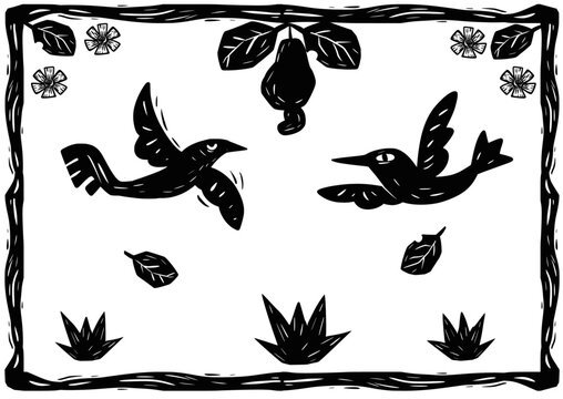 Dois p&aacute;ssaros voando ao redor de um caju. Ilustra&ccedil;&atilde;o t&iacute;pica do Nordeste do Brasil no estilo xilogravura e literatura de cordel