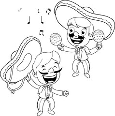 Mexican mariachi men with sombreros, singing and playing the maracas. Vector black and white coloring page.