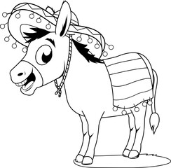 Cartoon Mexican donkey with a sombrero. Vector black and white coloring page.