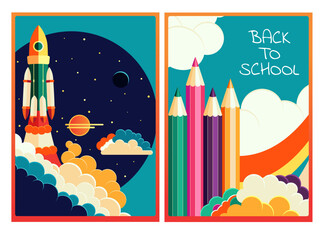 Back to school. Set of education banner in paper cut style with rocket, pencil, clouds. Can be used for greeting card, poster, flyer, label, sticker, tag design. Vector illustration EPS8
